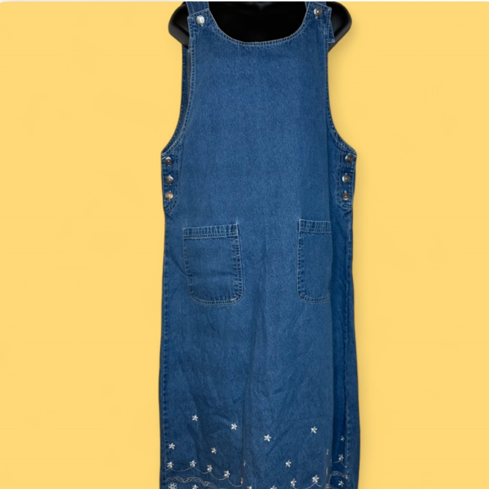 VTG 90's Zoey & Beth Women's Denim Overall Dress L Blue Jean Floral Embroidery